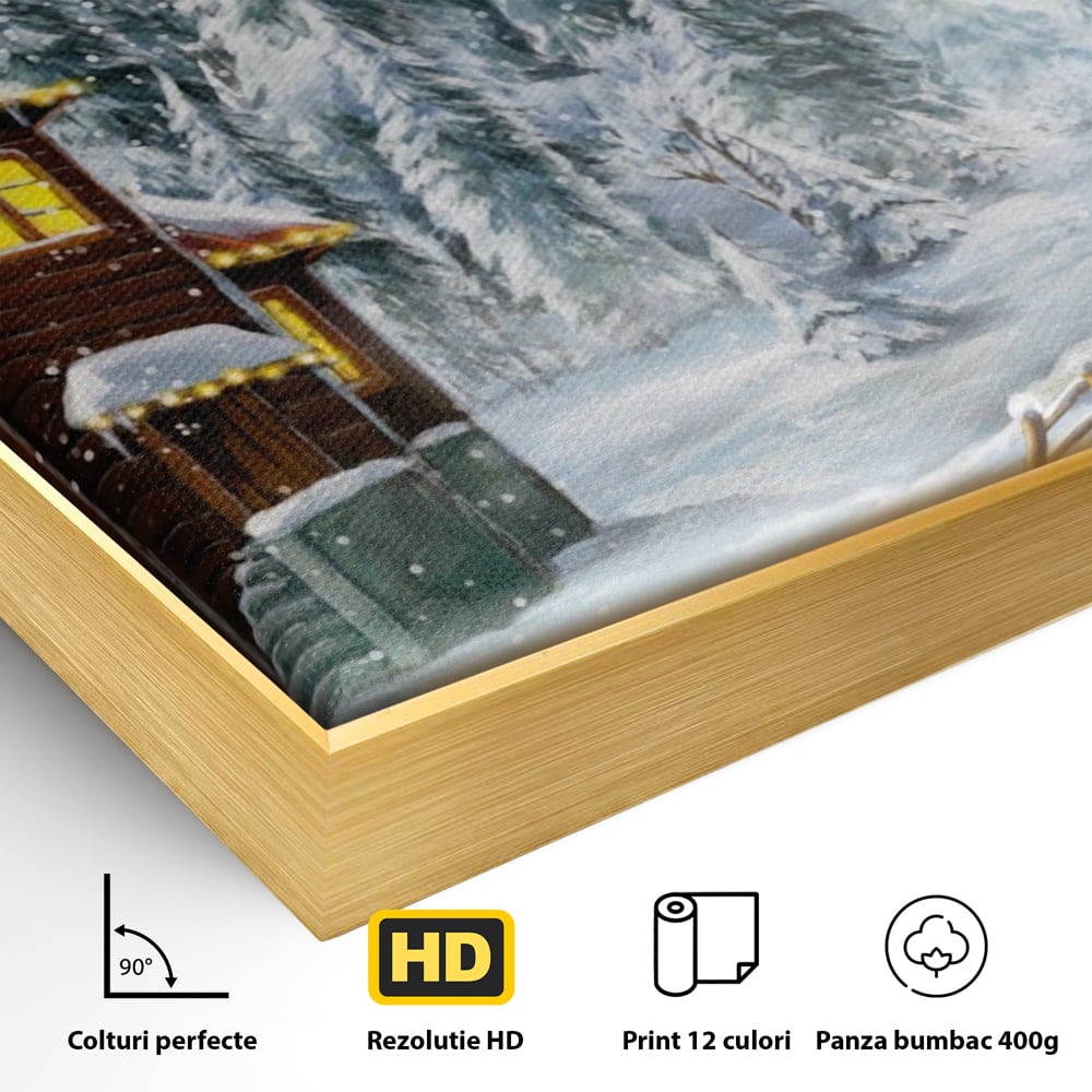 Detaliu al suprafetei: tablou canvas cu peisaj de iarna, in rama de aluminiu auriu